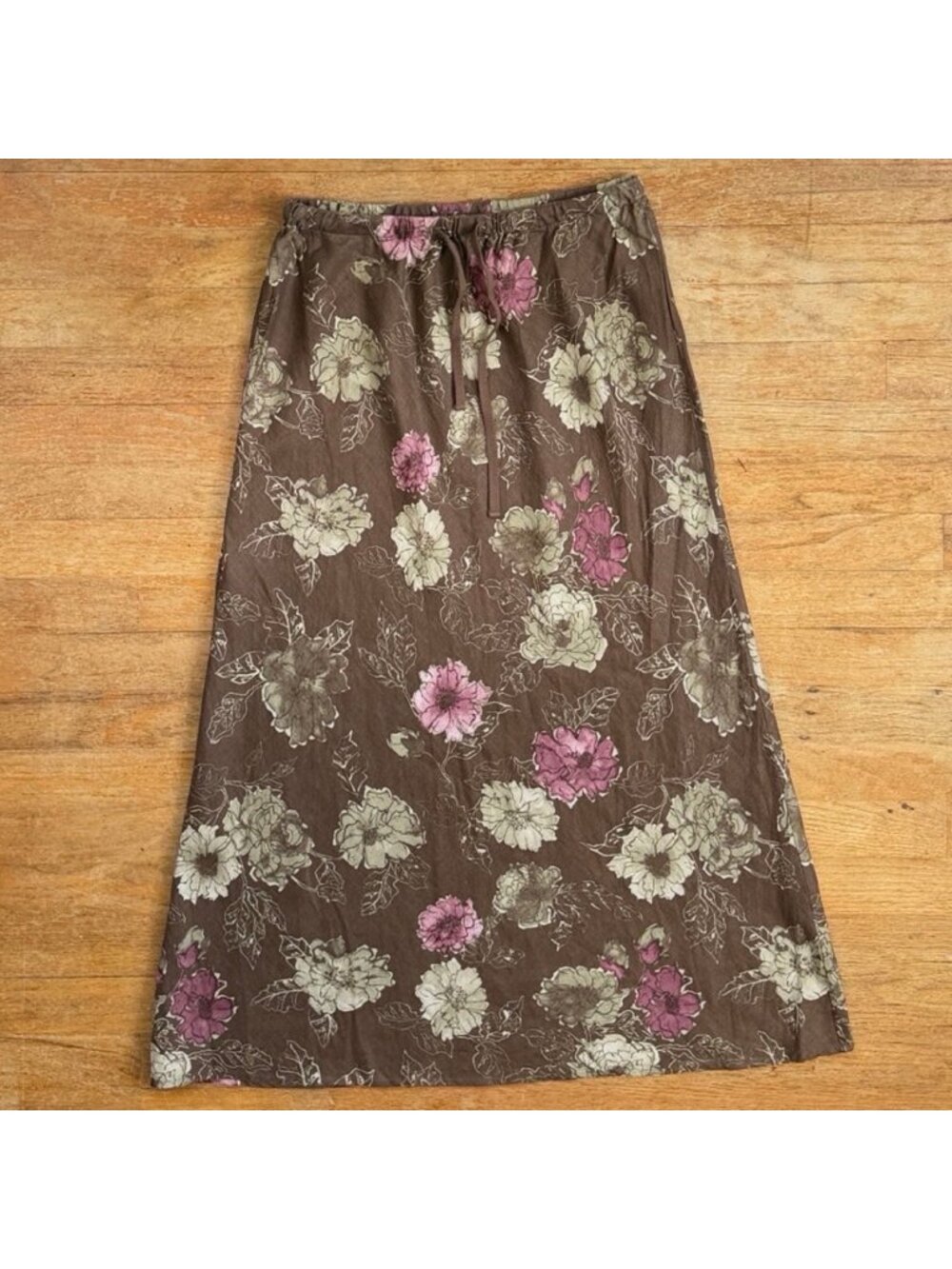 Vintage Floral Linen Maxi Skirt Size Medium Elastic Waist Brown Bohemian Style A